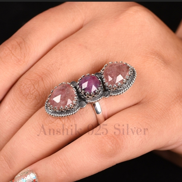 Strawberry Quartz 925 Sterling Silver Minimalist Ruby Gemstone Ring - Picture 1 of 6